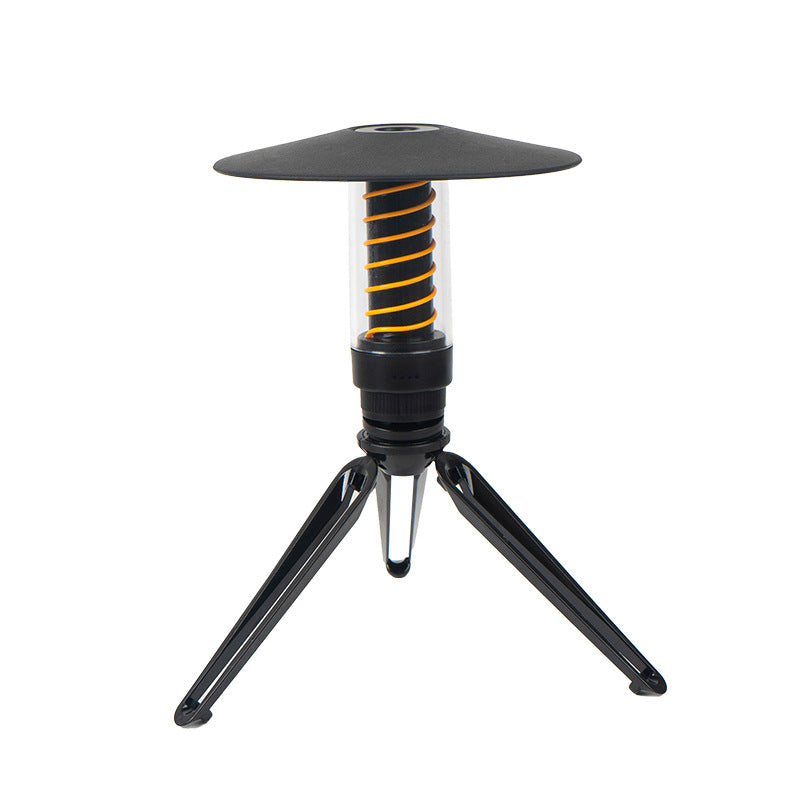 Portable outdoor camping light with tripod stand, American Smart EP flashlight and marquee tent atmosphere lighting in use.