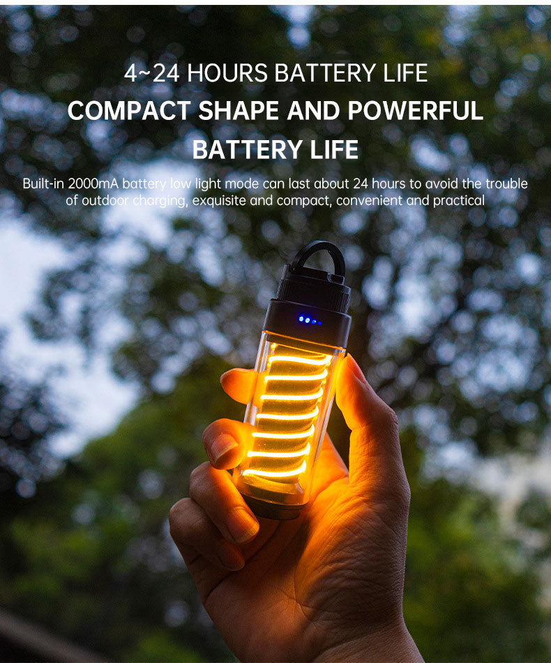 Portable outdoor camping light with tripod stand, lighthouse design, and atmosphere lighting for tents and outdoor activities.