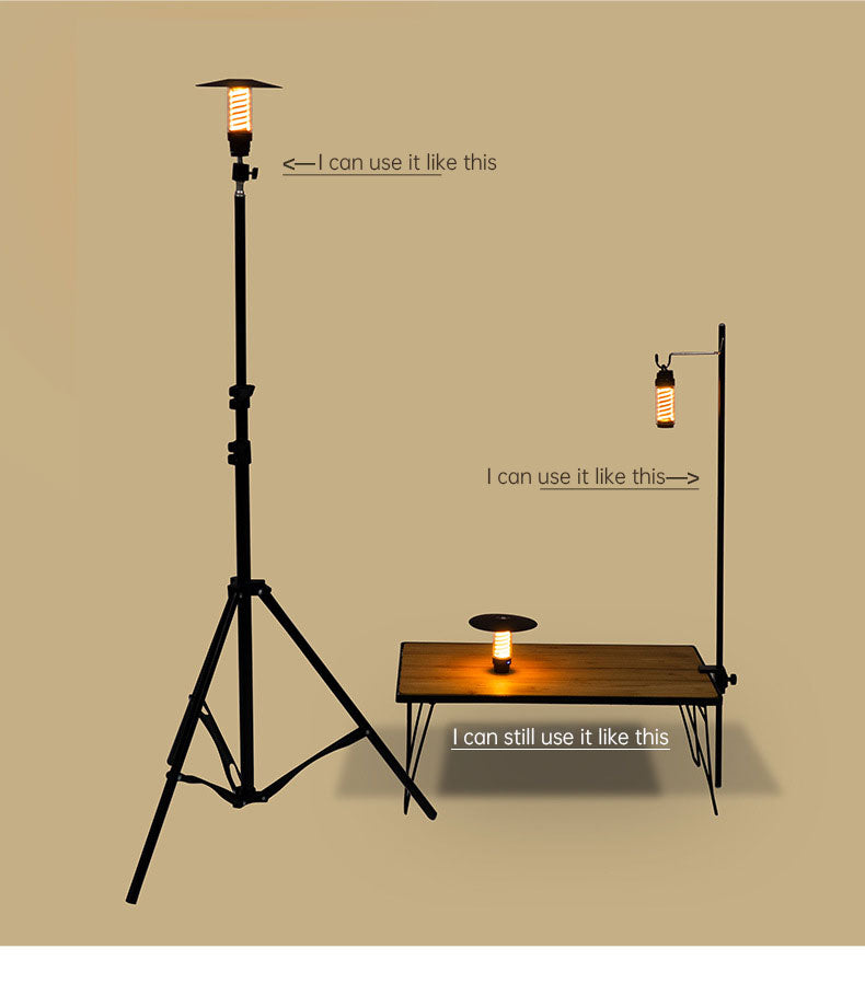 American Smart portable outdoor camping light with tripod stand, lighthouse design, perfect for tents and nighttime outdoor atmospheres.