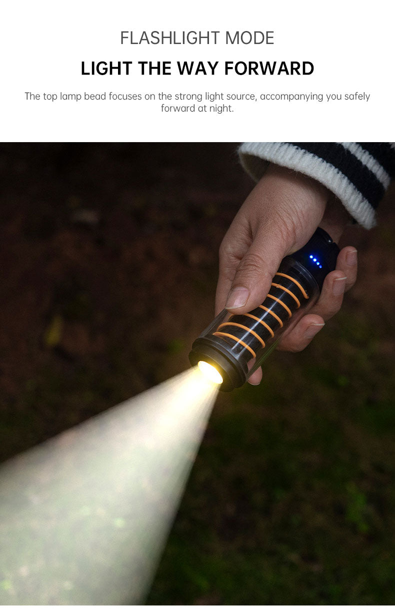 American Smart portable outdoor camping light with tripod stand, flashlight, and lighthouse-style marquee tent atmosphere lighting.