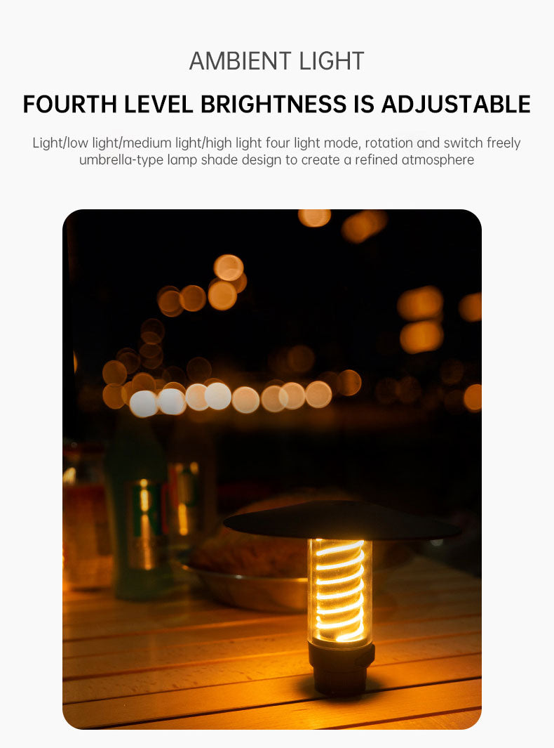 Portable outdoor camping light by American Smart - EP, featuring tripod stand and lighthouse design for tent and atmosphere lighting.
