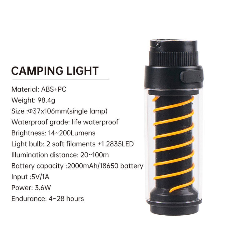 Portable outdoor camping light with tripod stand, lighthouse-style beacon, suitable for tents and atmospheric nighttime illumination.