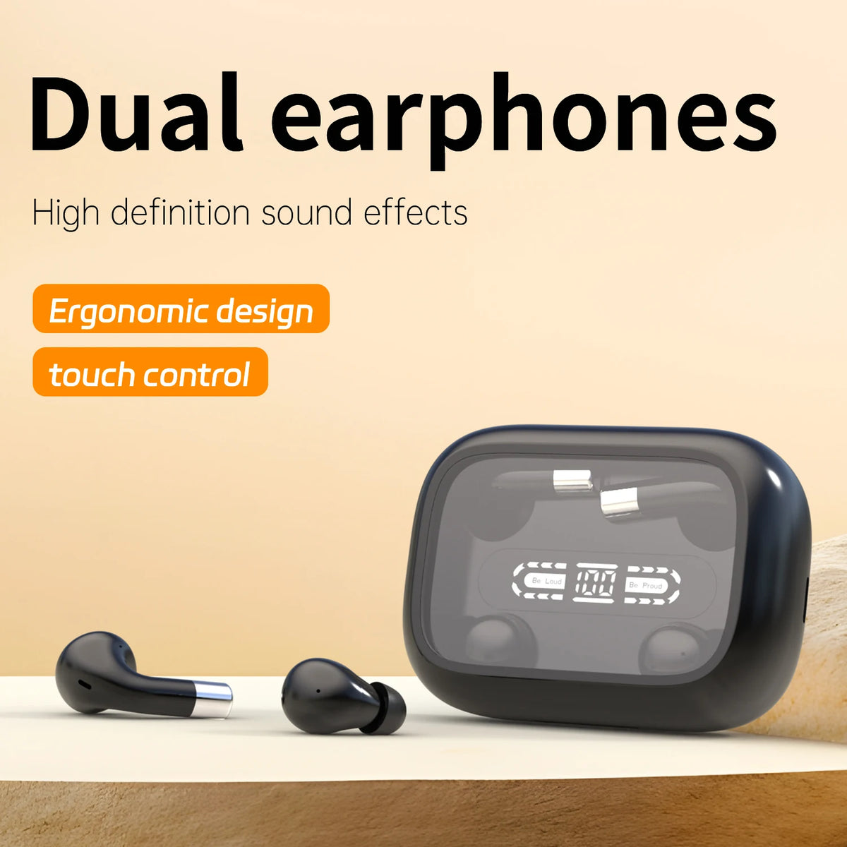 Black TWS wireless Bluetooth headphones with mic, noise canceling, waterproof, and invisible design for sports and sleeping comfort.
