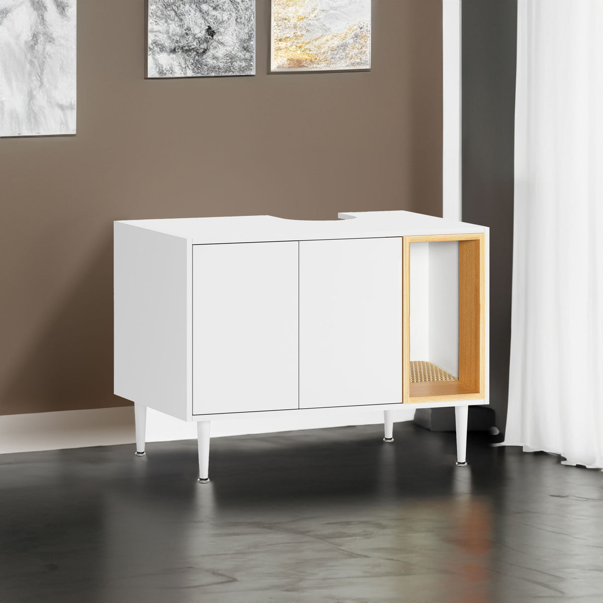 Bathroom sink cabinet, with cat trash can shell, hidden garbage pet bathroom, with partition, wooden cabinet furniture, white - American Smart