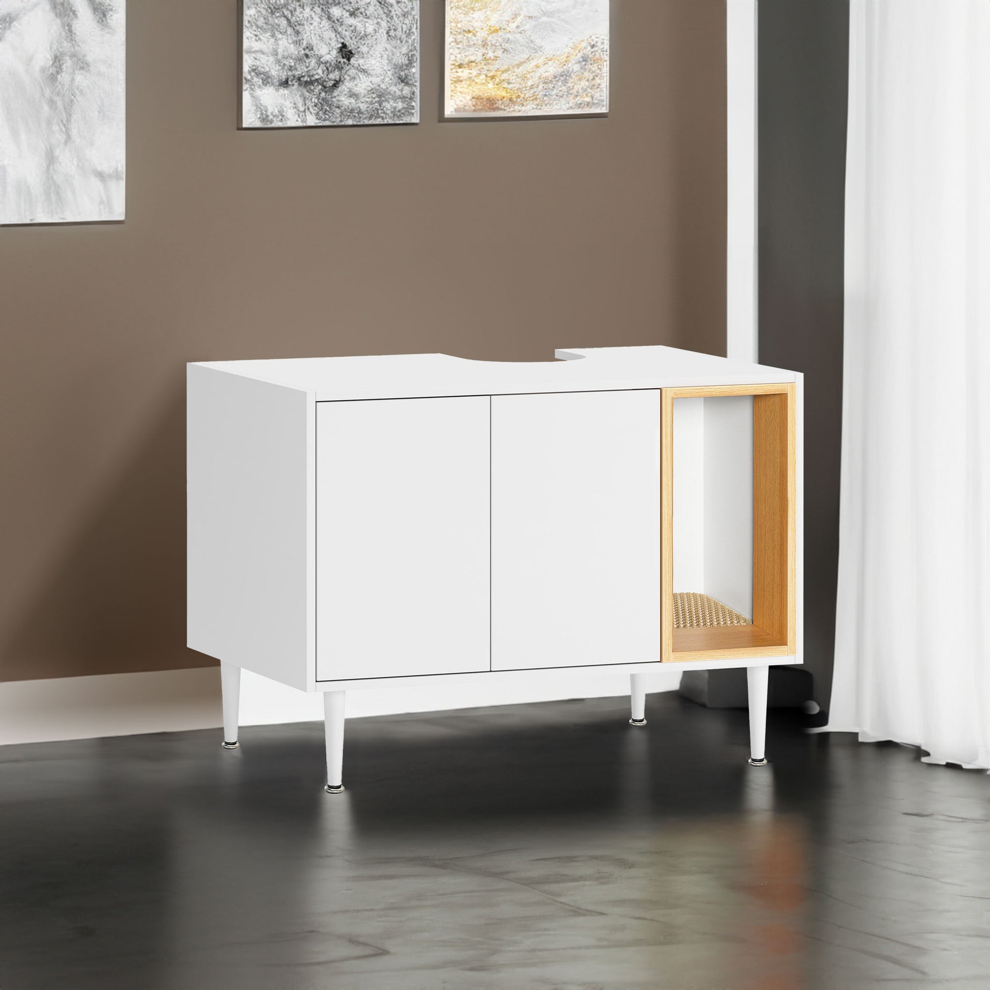Bathroom sink cabinet, with cat trash can shell, hidden garbage pet bathroom, with partition, wooden cabinet furniture, white - American Smart