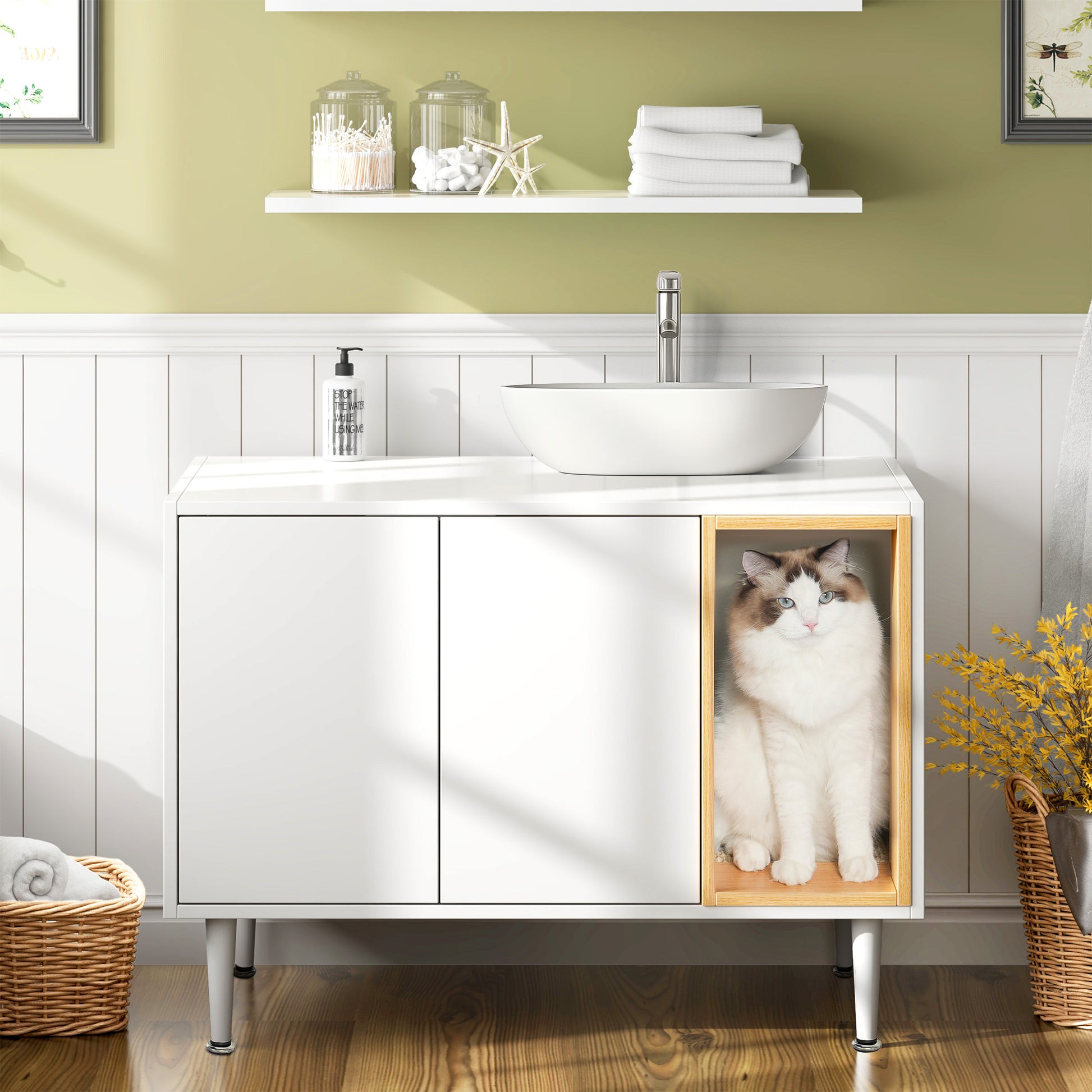 Bathroom sink cabinet, with cat trash can shell, hidden garbage pet bathroom, with partition, wooden cabinet furniture, white - American Smart