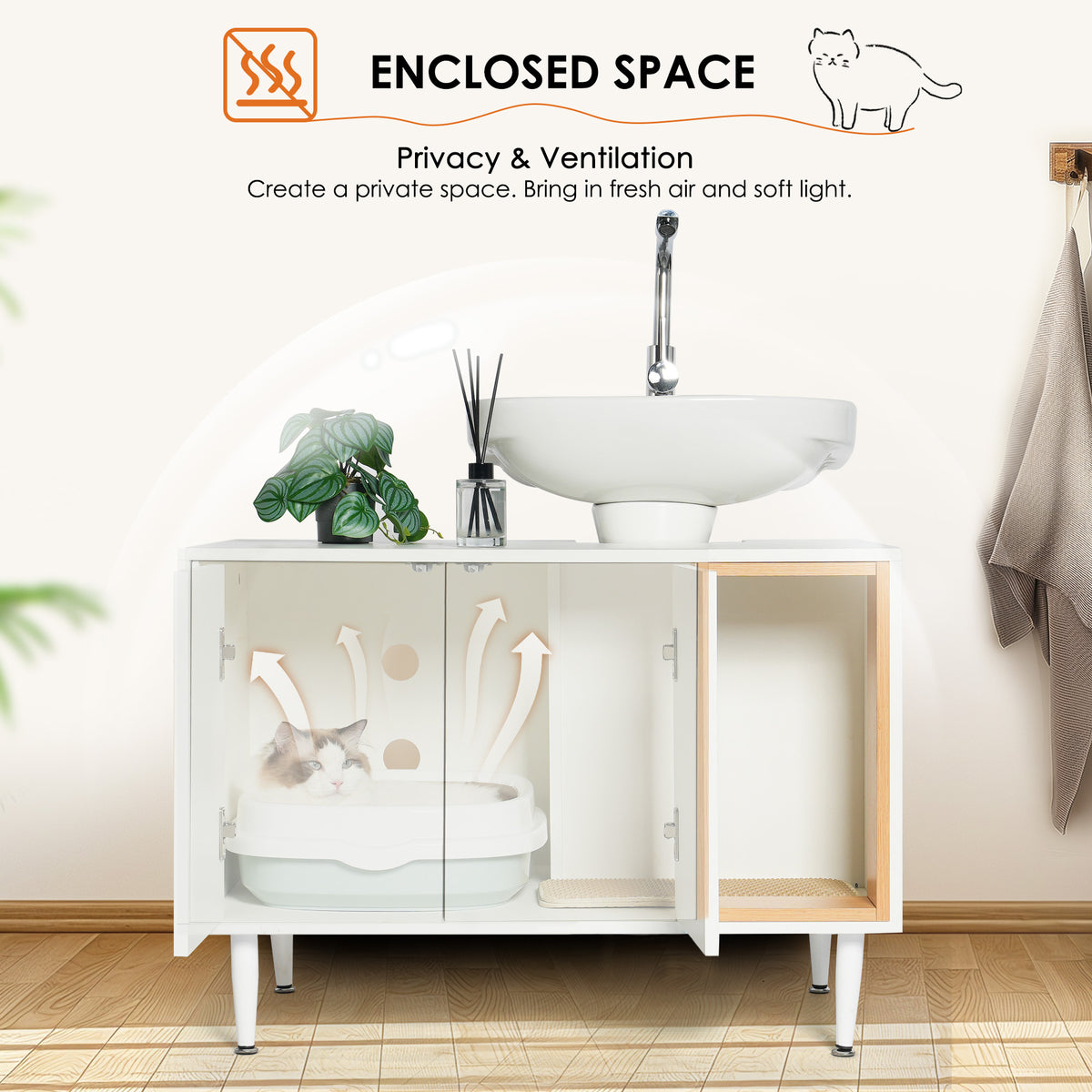 Bathroom sink cabinet, with cat trash can shell, hidden garbage pet bathroom, with partition, wooden cabinet furniture, white - American Smart