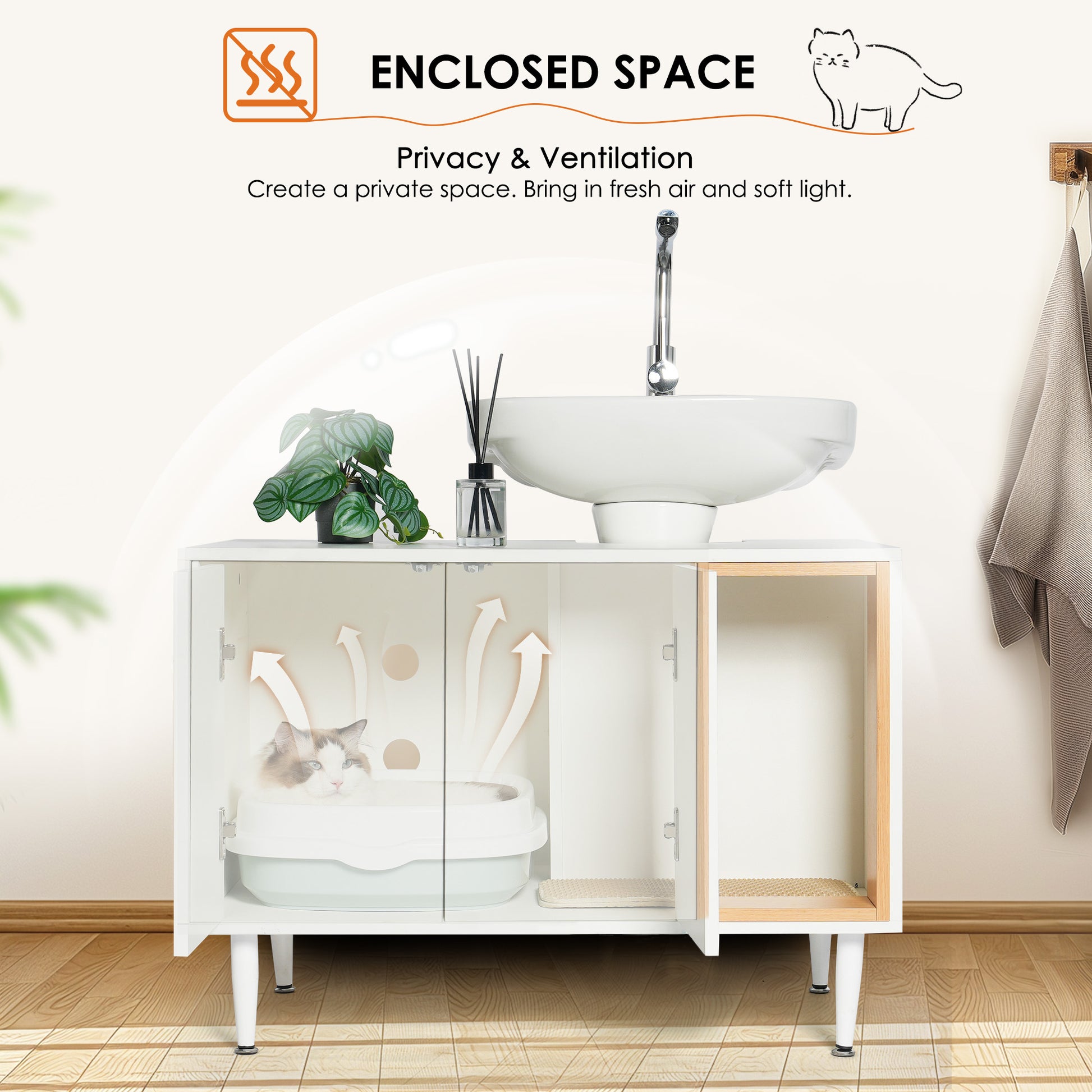 Bathroom sink cabinet, with cat trash can shell, hidden garbage pet bathroom, with partition, wooden cabinet furniture, white - American Smart