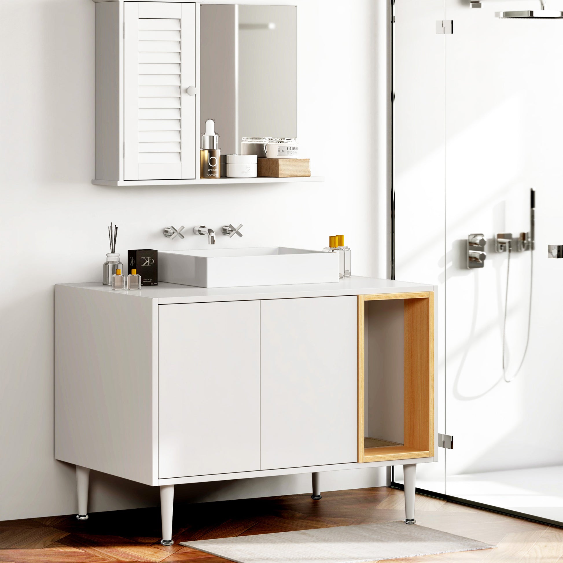 Bathroom sink cabinet, with cat trash can shell, hidden garbage pet bathroom, with partition, wooden cabinet furniture, white - American Smart