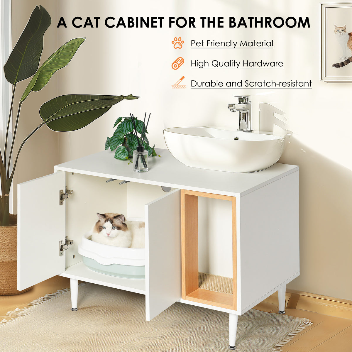 Bathroom sink cabinet, with cat trash can shell, hidden garbage pet bathroom, with partition, wooden cabinet furniture, white - American Smart