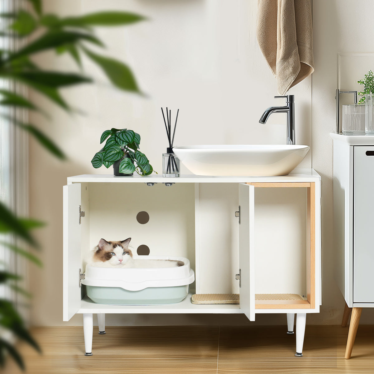 Bathroom sink cabinet, with cat trash can shell, hidden garbage pet bathroom, with partition, wooden cabinet furniture, white - American Smart