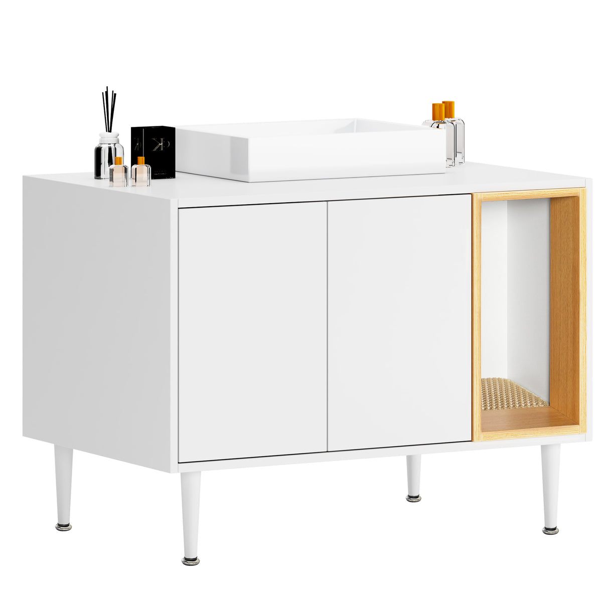 Bathroom sink cabinet, with cat trash can shell, hidden garbage pet bathroom, with partition, wooden cabinet furniture, white - American Smart