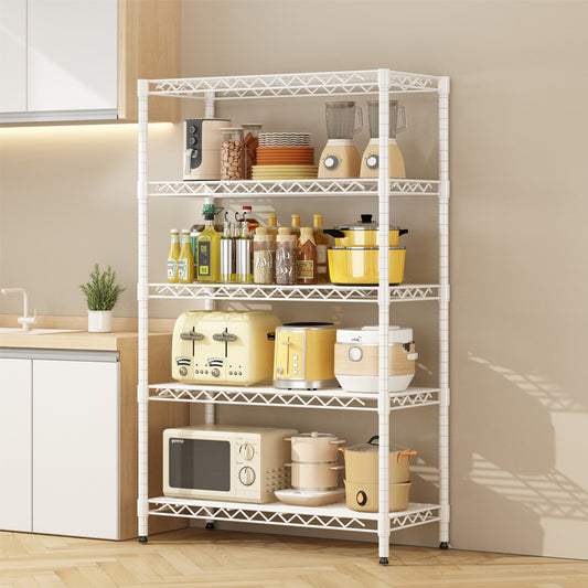 White wire frame metal storage rack by American Smart, adjustable vertical storage unit with 42L x 18W x 71H dimensions.