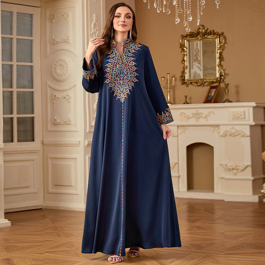Embroidered Middle Eastern long Muslim robe with V-neck, traditional Arabic Dubai jalabiya, in vibrant fabric, by American Smart EP.