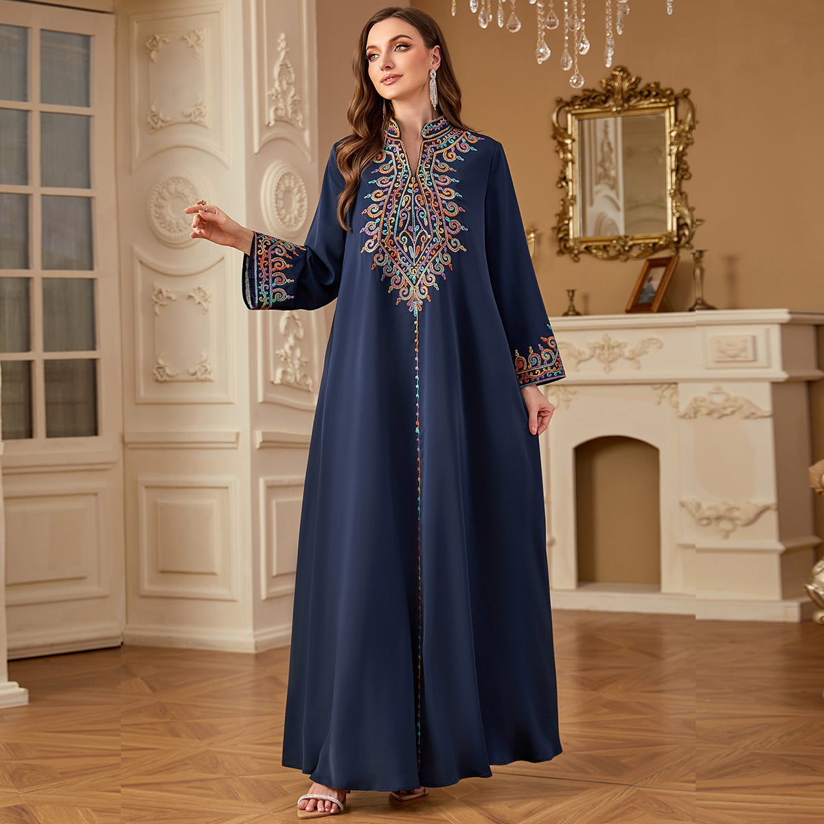 Embroidered Middle Eastern long Muslim robe with V-neck, traditional Arabic Dubai Jalabiya design, by American Smart - EP.