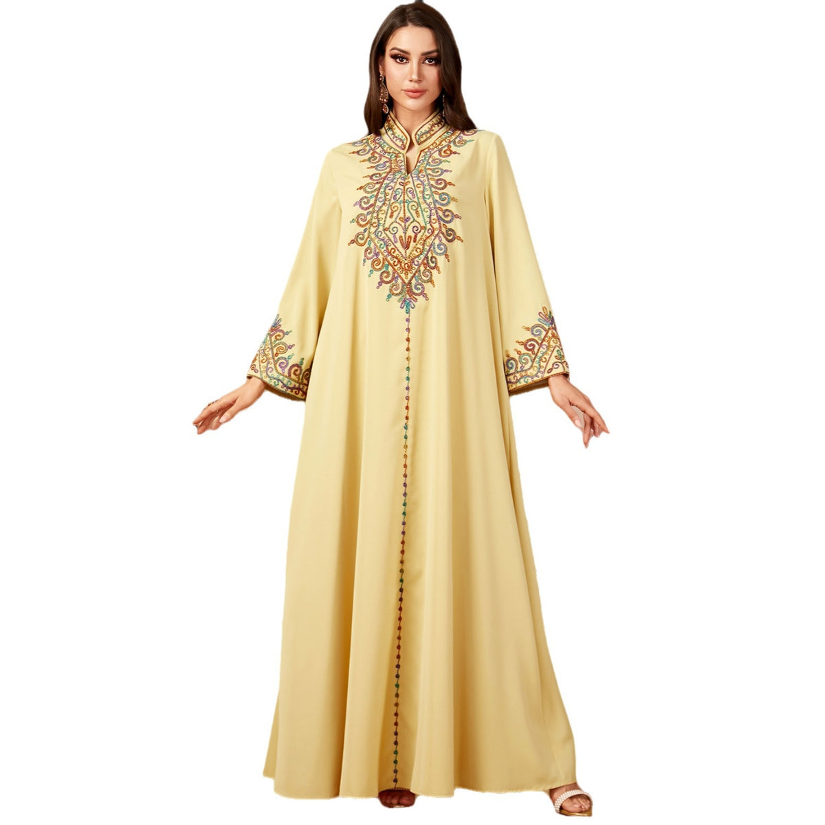 Embroidered Middle Eastern Muslim long robe with V-neck, traditional Arabic jalabiya style, in vibrant colors and intricate embroidery.