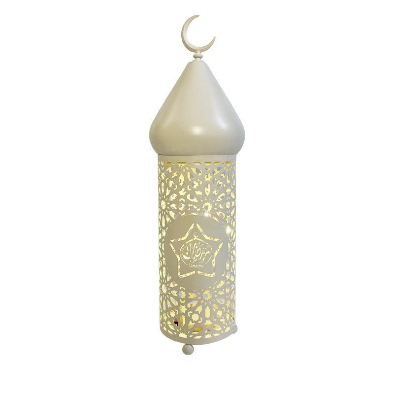 American Smart LED lantern for Eid and Ramadan decor, metal Middle Eastern iron lantern with decorative art and bullet head design.