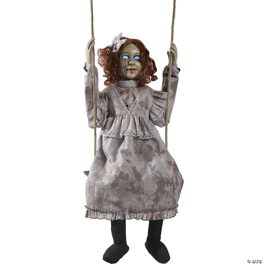 Large animated swinging decrepit doll prop by American Smart, featuring a spooky, decayed doll with moving swinging motion.