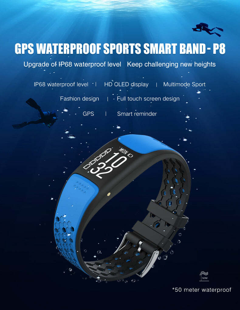 Black American Smart Sporty Fitness Tracker and waterproof swimmers watch with digital display and adjustable band.
