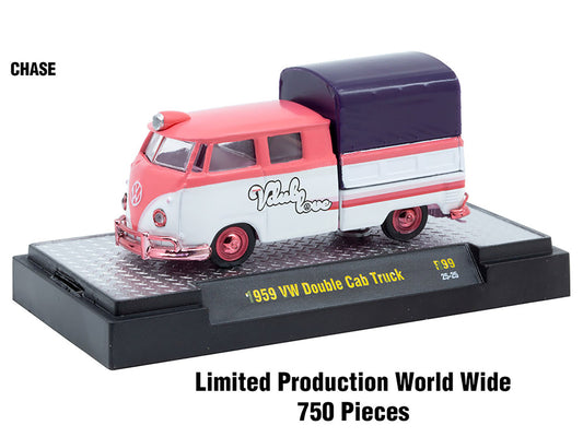Six 1/64 scale diecast model cars from the Auto-Thentics Limited Edition set by M2 Machines in display cases.