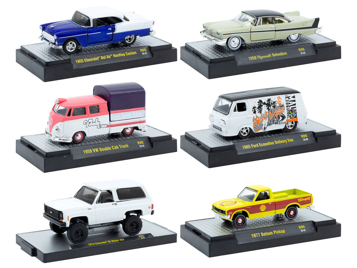 Six 1/64 scale diecast model cars from the Auto-Thentics limited edition set by M2 Machines in display cases.