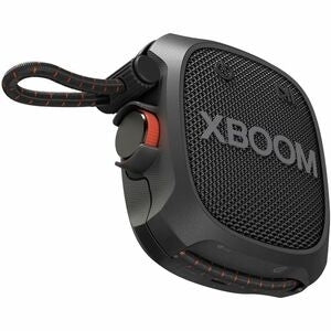 Wireless portable speaker from American Smart, XBOOM Go XG2T model, shown in a sleek black design with control buttons.