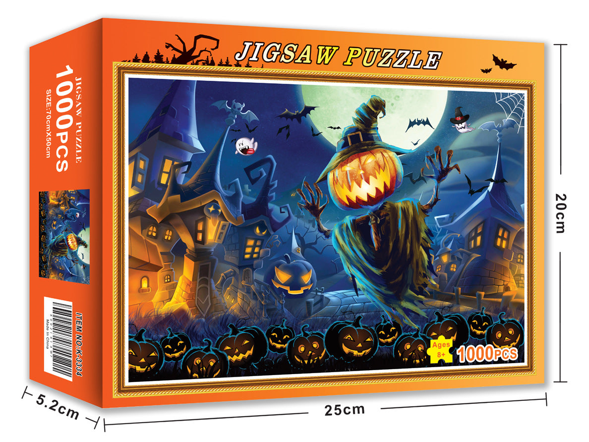 Set of 1000 Christmas and Halloween themed puzzle pieces featuring action and toy figures by American Smart - WB.