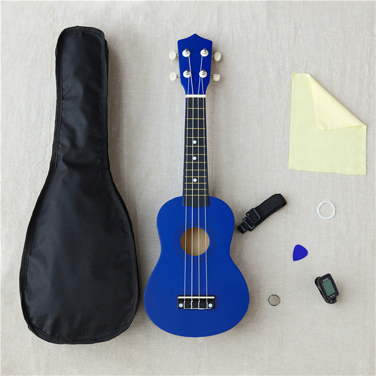 Wooden 21-inch ukulele by American Smart WB, showcasing polished wooden body and four strings, perfect for musical play and learning.