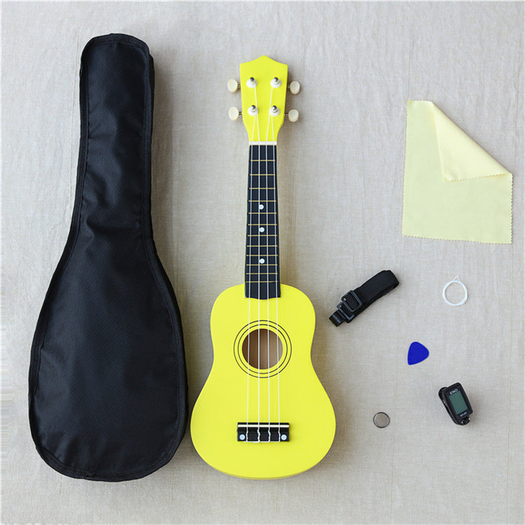 Wooden 21-inch ukulele by American Smart WB, with natural wood finish and detailed construction, perfect for beginners and music enthusiasts.
