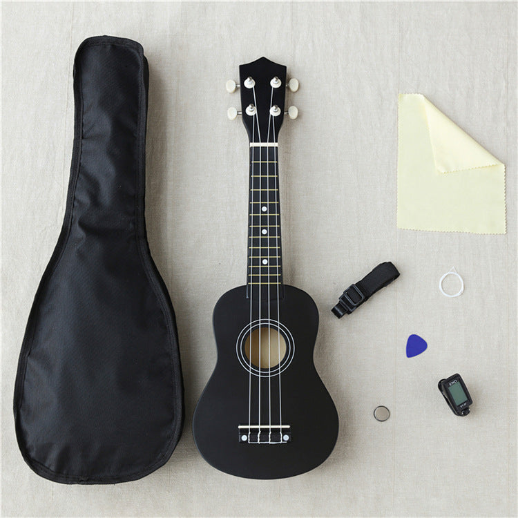 21-inch wooden ukulele from American Smart WB, showcasing its polished wooden body and strings, ideal for musical play and learning.