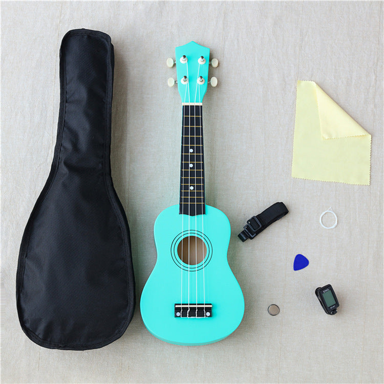 Wooden 21-inch ukulele by American Smart WB, showcasing its polished wood body and four nylon strings for musical play.