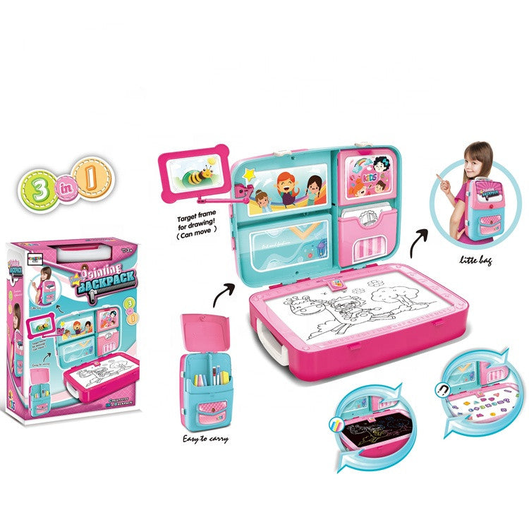 American Smart 3-in-1 backpack drawing board learning set with action figures, educational toys for creative play and learning.