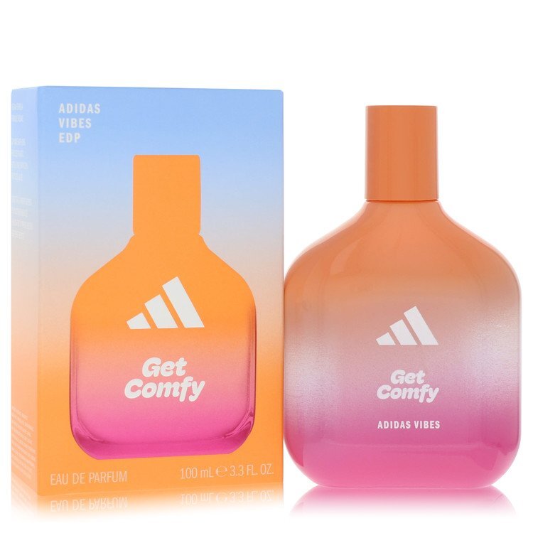 Adidas Vibes Get Comfy men's Eau De Parfum spray bottle, 3.3 oz, with black and white packaging, featuring the Adidas logo.