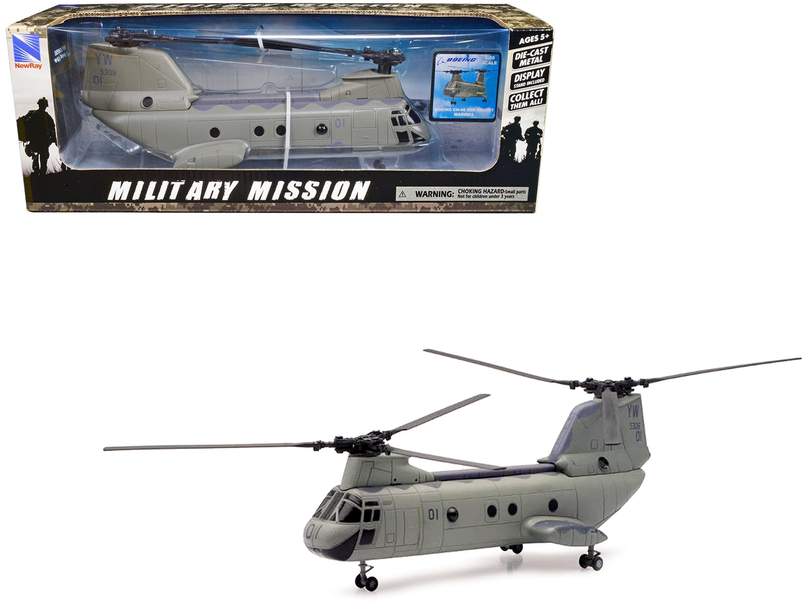 Boeing CH-46 Sea Knight Helicopter Olive Drab "United States Marines" "Military Mission" Series 1/55 Diecast Model by New Ray - American Smart
