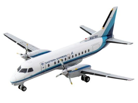 White and blue Saab 340B Eastern Express diecast aircraft model by GeminiJets, detailed 1/400 scale commercial airplane.