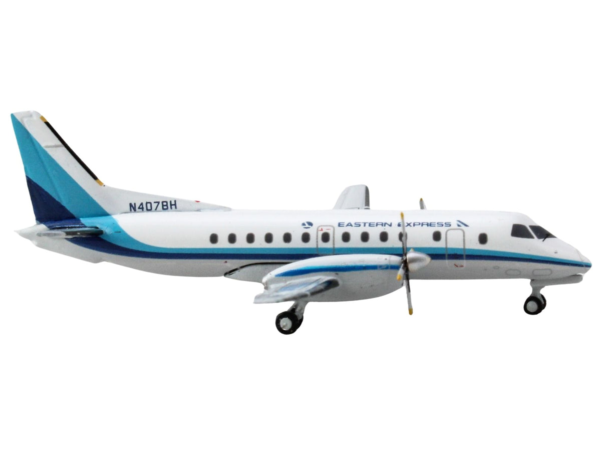 White Saab 340B "Eastern Express" diecast model airplane with blue stripes, 1/400 scale by GeminiJets, detailed aircraft replica