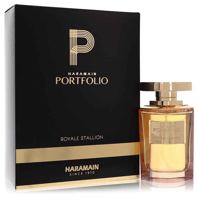 Al Haramain Portfolio Royale Stallion Eau De Parfum spray for men, 2.5 oz, with elegant bottle design and branding.