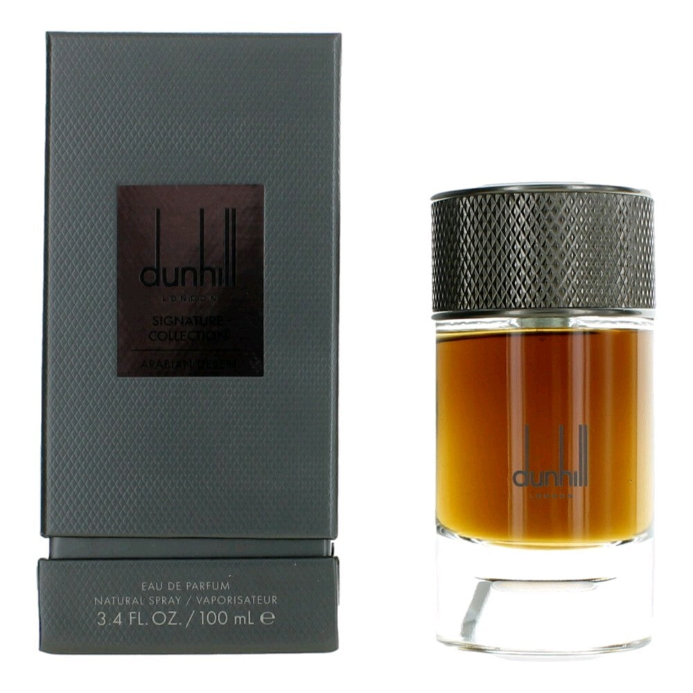 Alfred Dunhill Arabian Desert Eau De Parfum spray for men, 3.4 oz bottle, with desert-themed design and branding visible.
