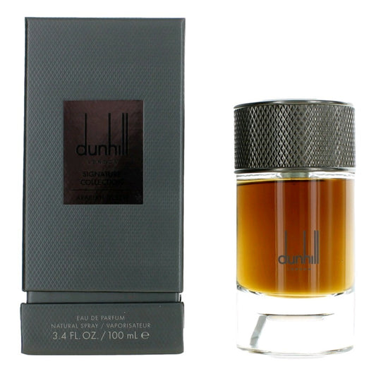 Alfred Dunhill Arabian Desert Eau De Parfum spray for men, 3.4 oz, featuring a sleek bottle with intricate desert-inspired design.