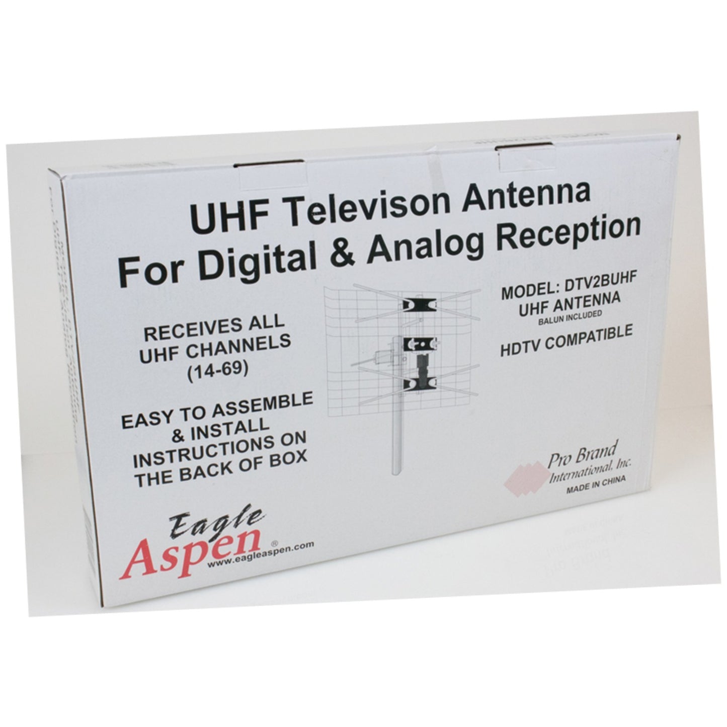 American Smart Eagle Aspen DTV2BUHF 2-Bay UHF outdoor antenna installed outdoors with elements visible for TV reception.