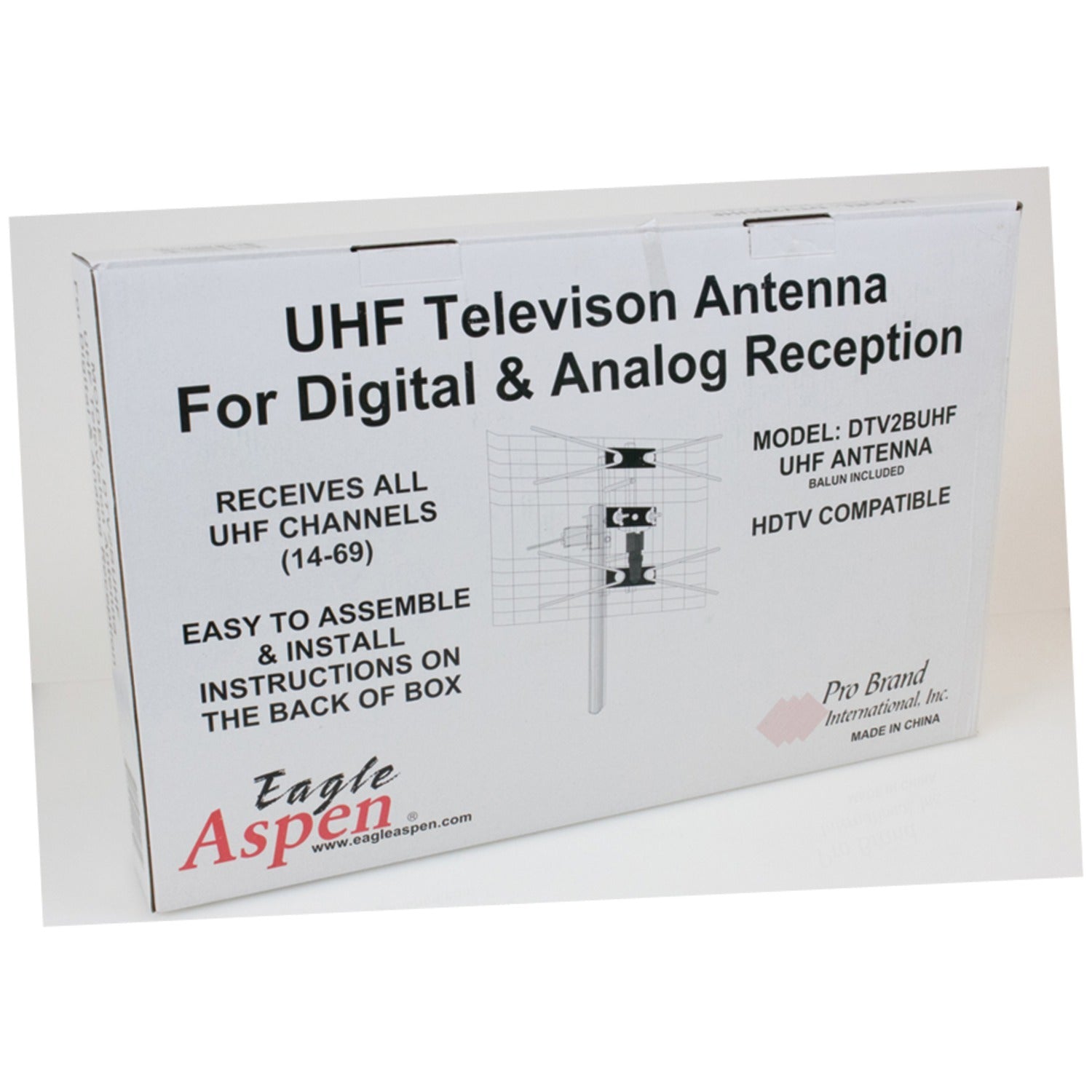 American Smart Eagle Aspen DTV2BUHF 2-Bay UHF outdoor antenna installed outdoors with elements visible for TV reception.
