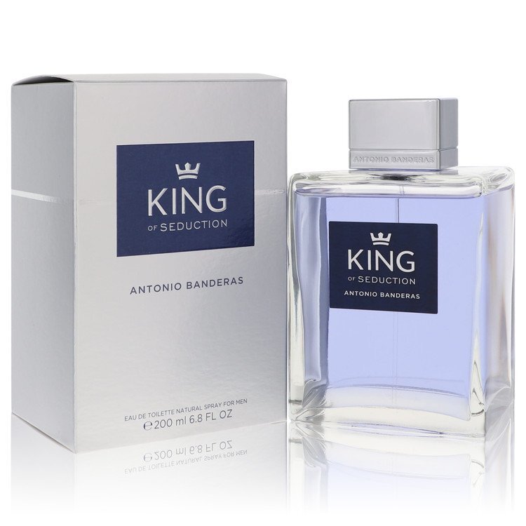 Antonio Banderas King of Seduction Eau De Toilette spray for men, 6.7 oz bottle, featuring a sleek design and masculine fragrance.