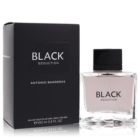 Seduction In Black by Antonio Banderas men's Eau de Toilette spray, 3.4 oz, featuring sleek black bottle design.