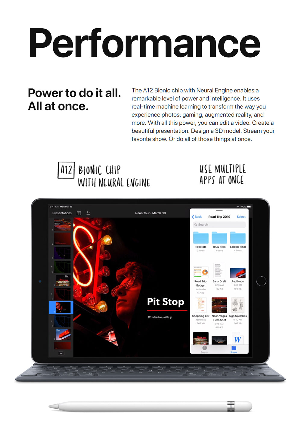 Apple iPad Air 10.5-inch tablet with Touch ID, 256GB storage, in deep gray, featuring A12 chip and portable design.