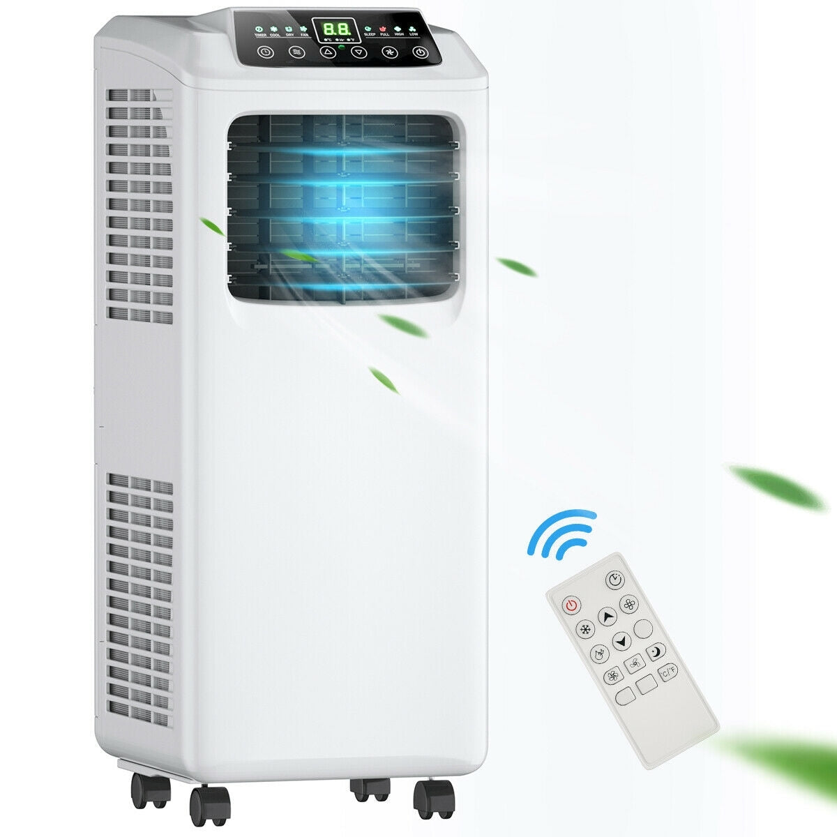American Smart 9000 BTU portable air conditioner in black and white with remote control, built-in dehumidifier, for climate control.