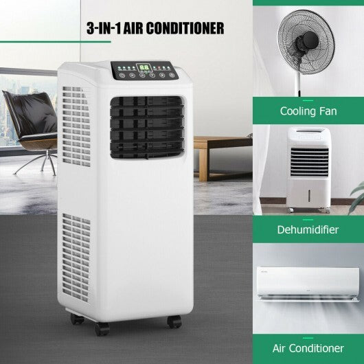 American Smart 9000 BTU portable air conditioner in black and white with remote control and built-in dehumidifier for climate control.
