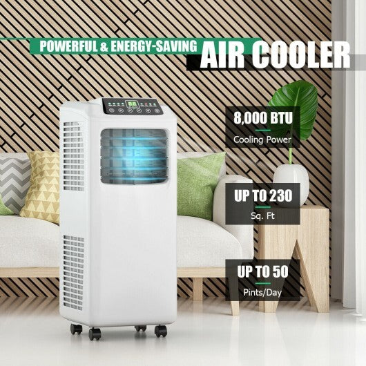 American Smart 9000 BTU portable air conditioner in black and white with remote control and built-in dehumidifier for climate control.