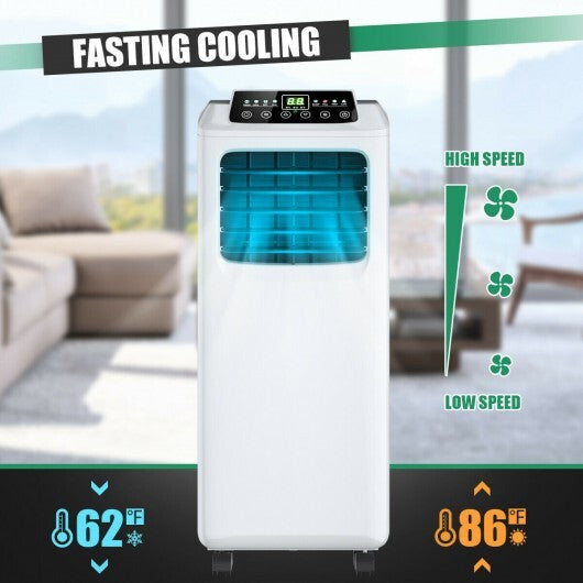 American Smart 9000 BTU portable air conditioner in black and white with built-in dehumidifier and remote control.