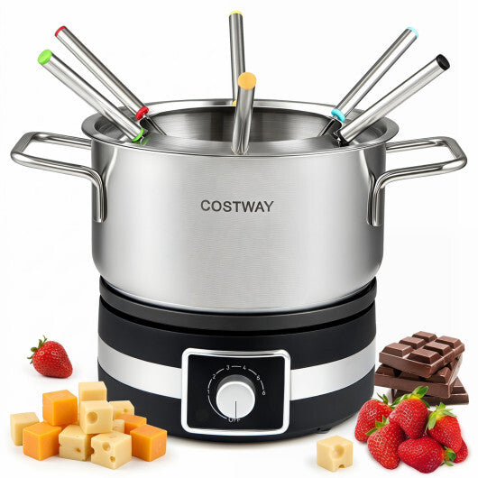 American Smart 1200W electric fondue pot set with removable stainless steel pot and six forks, ideal for communal dining.
