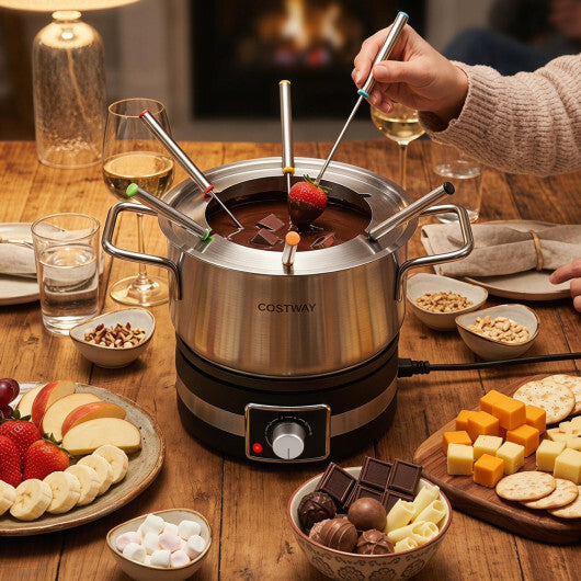 American Smart 1200W electric fondue pot set with removable stainless steel pot and six forks for cheese or chocolate fondue.